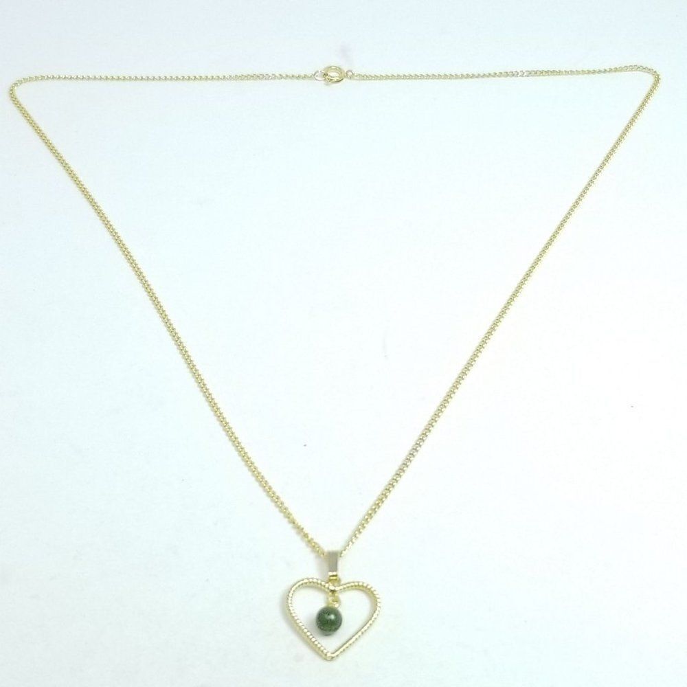 Vintage Gold Tone Heart Shape Pendant Necklace, Green Bead Center, Estate